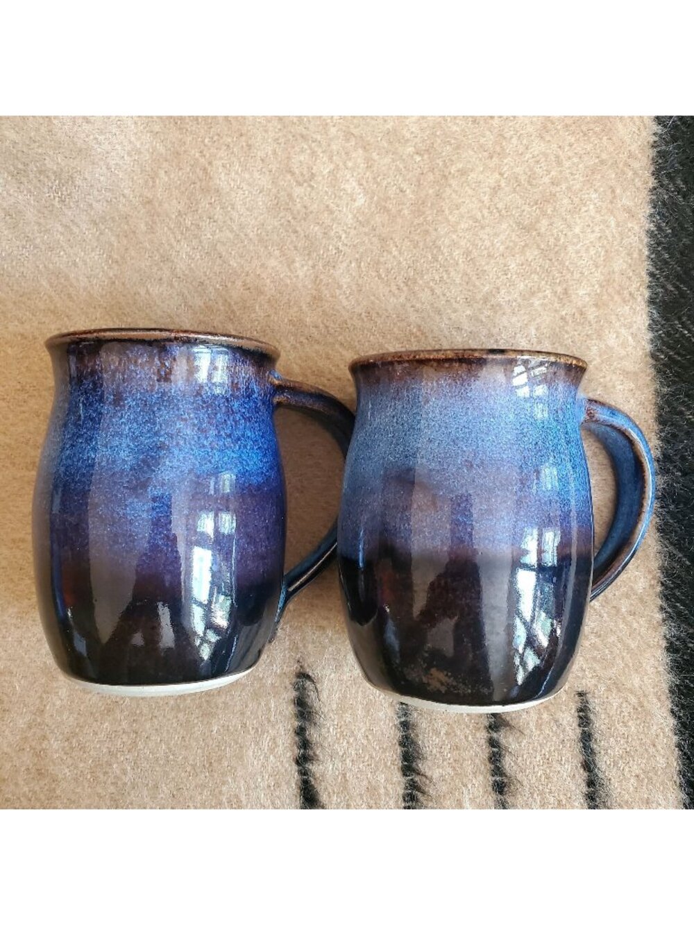 2 VTG Dodson Signed Pottery Mugs Blue Brown Drip Glaze Stoneware Cups Handmade